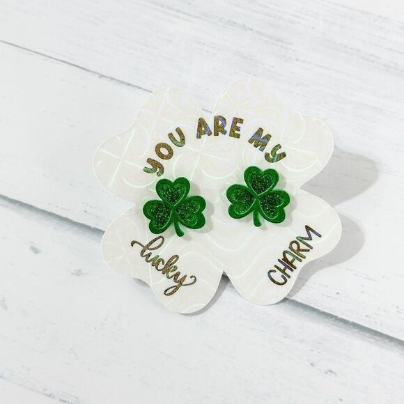Shamrock Earrings-3 Leaf Clover Stud-St Patricks Day Earrings-Sparkly Green Stud - Picture 8 of 8